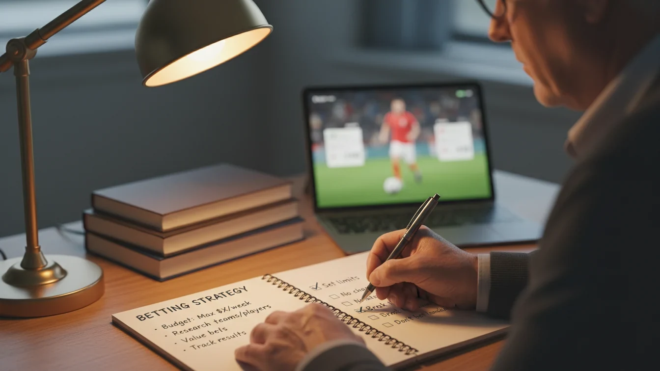 Sázkař s poznámkovým blokem analyzující sázkové příležitosti